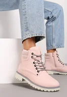 Botki damskie - Różowe Płaskie Klasyczne Traperki ze Sznurowaniem Lobanne - miniaturka - grafika 1