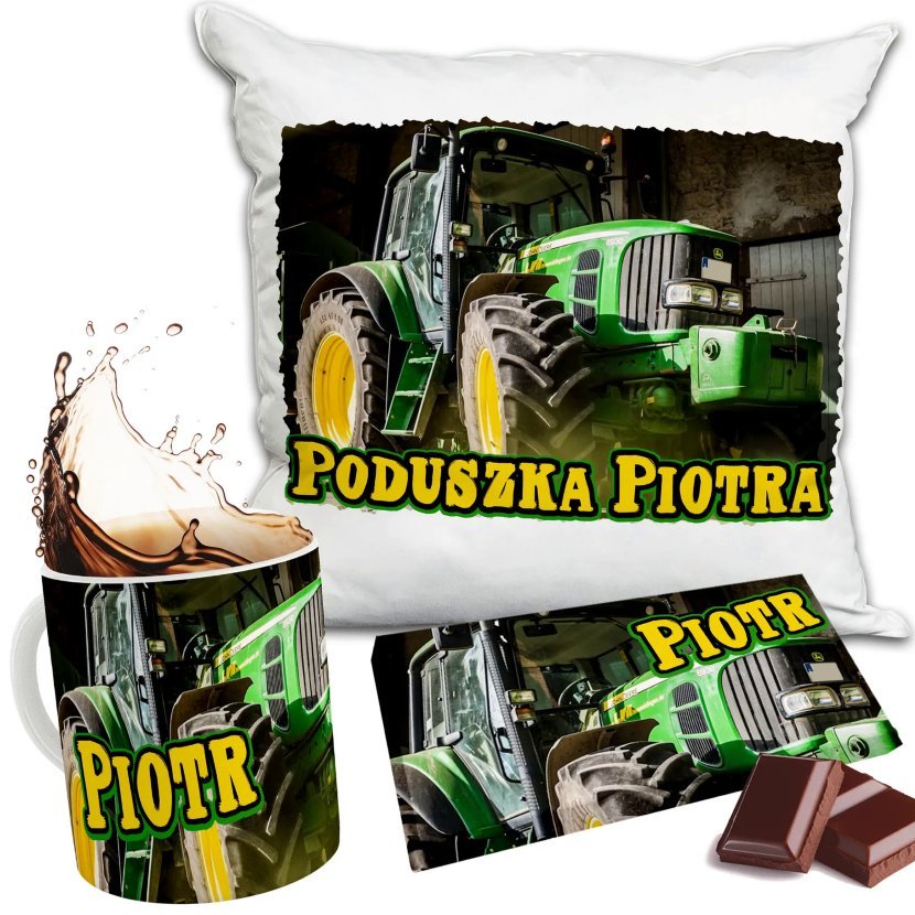 Zestaw TRAKTOR JOHN DEERE Kubek + Poduszka + Czekolada Imię Prezent Nadruk