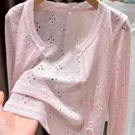 Swetry damskie - TEMU Damski kardigan na wiosnę i z długim rękawem, oddychający, casualowy Okrągły dekolt, jednolity - miniaturka - grafika 1