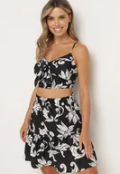 Komplety damskie - Czarno-Biały Komplet Krótki Top na Ramiączkach Spódnica w Kwiaty Tiamaly - miniaturka - grafika 1