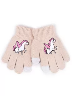 Rękawiczki dziewczęce pięciopalczaste beżowe z pegazem dotykowe 14 cm YOCLUB - Rękawiczki - miniaturka - grafika 1