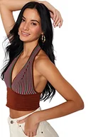 Bluzki damskie - Trendyol Damska dopasowana bluzka z dekoltem w serek, brązowo-wielokolorowa, M, Brązowo-wielokolorowy, M - miniaturka - grafika 1