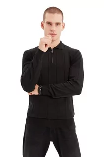 Swetry męskie - Trendyol Męska bluza polo z dekoltem gładki wąski sweter bluza, Czarny, M - grafika 1