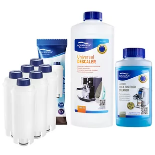Zestaw Delonghi - AL-S002 6szt, Uniwersalny Odkamieniacz Aqualogis 1L, Płyn Czyszczący System Mleczny Latteo 250ml - Akcesoria i części do ekspresów do kawy - miniaturka - grafika 1