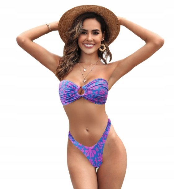 Dwuczęściowy Strój Kąpielowy Bandeau Kwiatki Bez Ramiączek Niebieski L