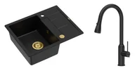 Zlewozmywaki z baterią - Quadron Unique Zlewozmywak granitowy jednokomorowy 62*50*22 cm z ociekaczem MORGAN 116 PURE CARBON z syfonem Push-2-Open w kolorze złotym z baterią JESSICA Q LINE PURE CARBON z wyciąganą wylewką i funkcją prysznica kolor czarny mat - miniaturka - grafika 1