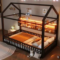 Łóżka dla dzieci i młodzieży - Metalowe łóżko dziecięce 90x200 cm - Wzór domku - Z barierką zabezpieczającą - Z oświetleniem LED - Czarne (materac nie jest w zestawie) - miniaturka - grafika 1