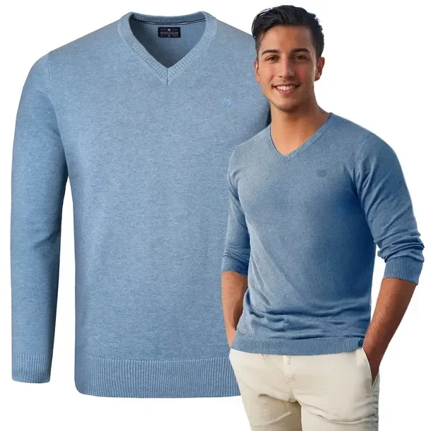 Elegancki SWETER Męski w Serek Bawełniany Gładki JEANSOWY 3XL Pako Jeans