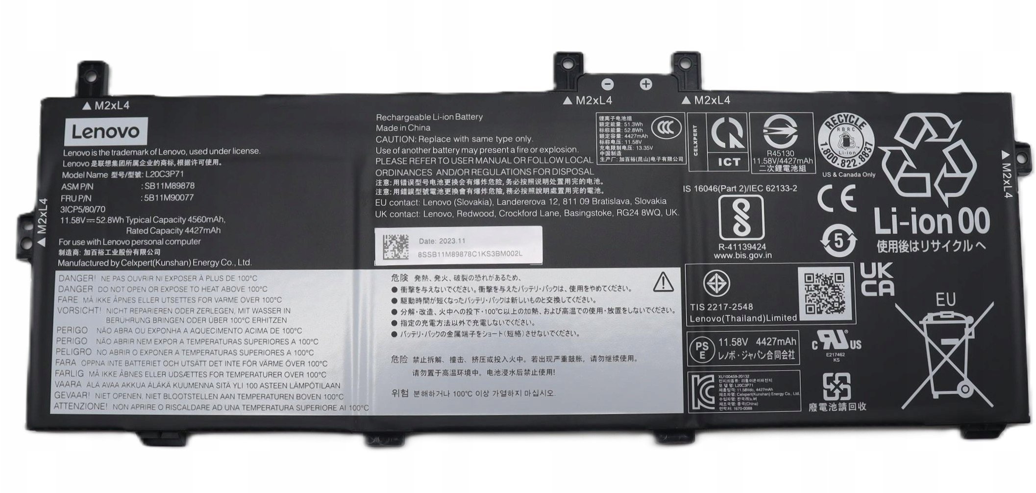 Internal Li-ion battery, 52.8Wh, 3-cell design