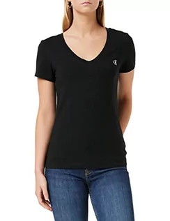 Koszulki i topy damskie - Calvin Klein Jeans Damska koszulka z haftem Ck Stretch V-Neck, Ck czarny, S - grafika 1