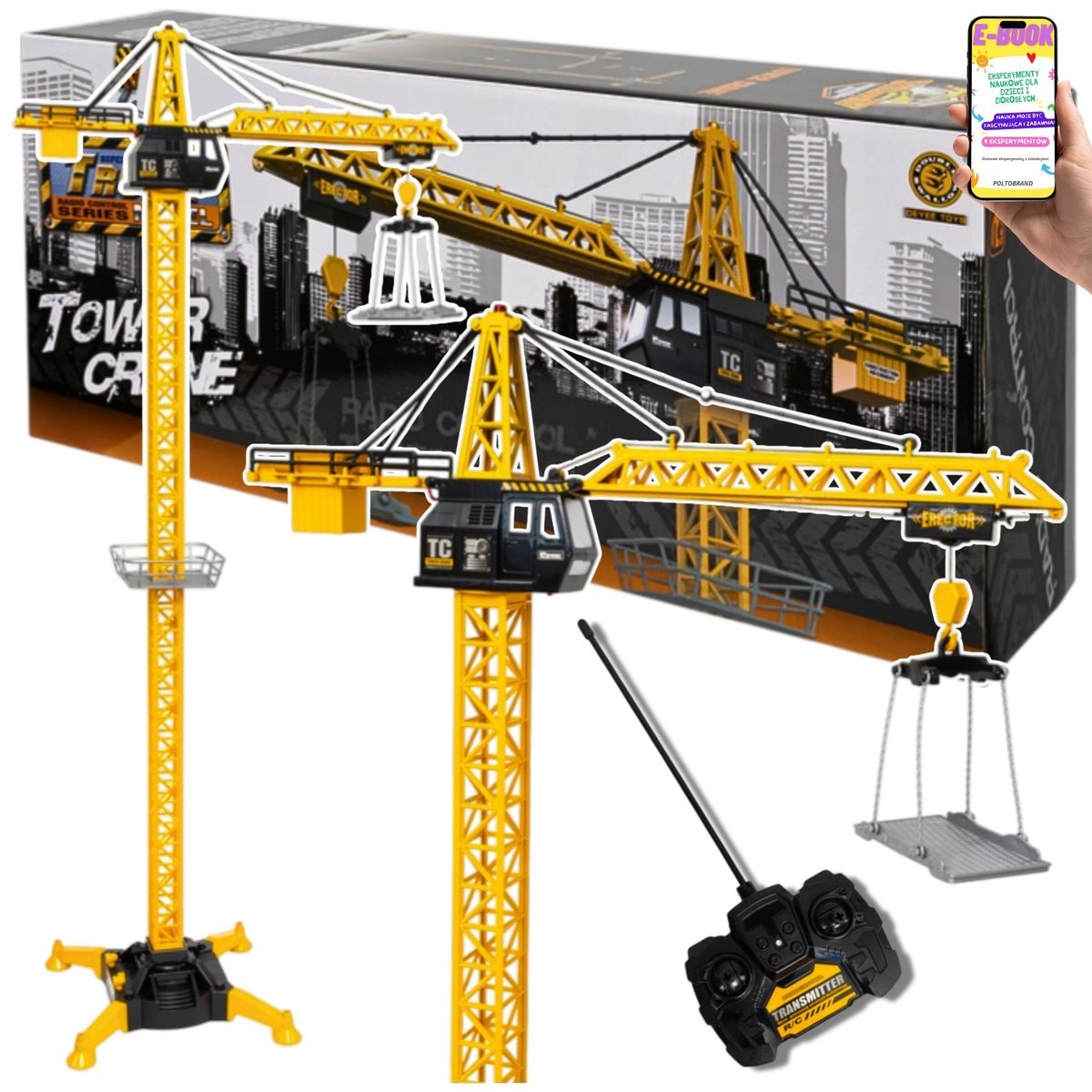 MEGA DŹWIG BUDOWLANY 132cm ZDALNIE STEROWANY ŻURAW Z HAKIEM I LED DLA DZIECI + PILOT Dla 4 5 6 7 8 latka + EBOOK