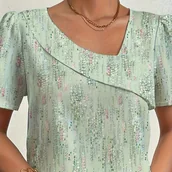 Inne - TEMU Elegancka bluzka z kwiatowym wzorem dla kobiet, poliestrowy top z dekoltem w kształcie litery V, wszechsezonowa, lekka koszulka z nieregularnym - miniaturka - grafika 1