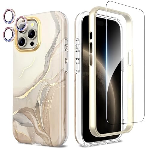 SHEDEER Etui do iPhone'a 16 Pro Max z osłoną aparatu + osłoną ekranu + zderzakiem, stylowe etui do iPhone'a 16 Pro Max, błyszczące, odporne na wstrząsy, ochrona 360°, beżowe