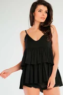 Bluzki damskie - Zwiewny Top na Cienkich Ramiączkach z Falbankami - Czarny - miniaturka - grafika 1