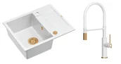 Zlewozmywaki z baterią - Quadron Unique Zlewozmywak granitowy jednokomorowy 62*50*22 cm z ociekaczem MORGAN 116 SNOW WHITE z syfonem Push-2-Open w kolorze miedzianym z baterią GEMMA Q LINE SLIM z ruchomą wylewką kolor biały mat/wykończenie miedź/biały wąż - miniaturka - grafika 1