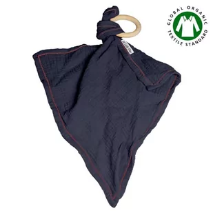 Hi Little One - Przytulanka dou dou z gryzakiem z organicznej BIO bawełny GOTS cozy muslin with wood teether 2in1 Navy - Gryzaki dla dzieci - miniaturka - grafika 1