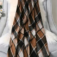 Spódnice - TEMU Elegancka Spódnica Midi w Kratę dla Kobiet z Rozkloszowanym Dołem - Gruba, Szeroka Spódnica w Kolorach Brązowym/Czarnym/Beżowym/Białym Tartanie, - miniaturka - grafika 1