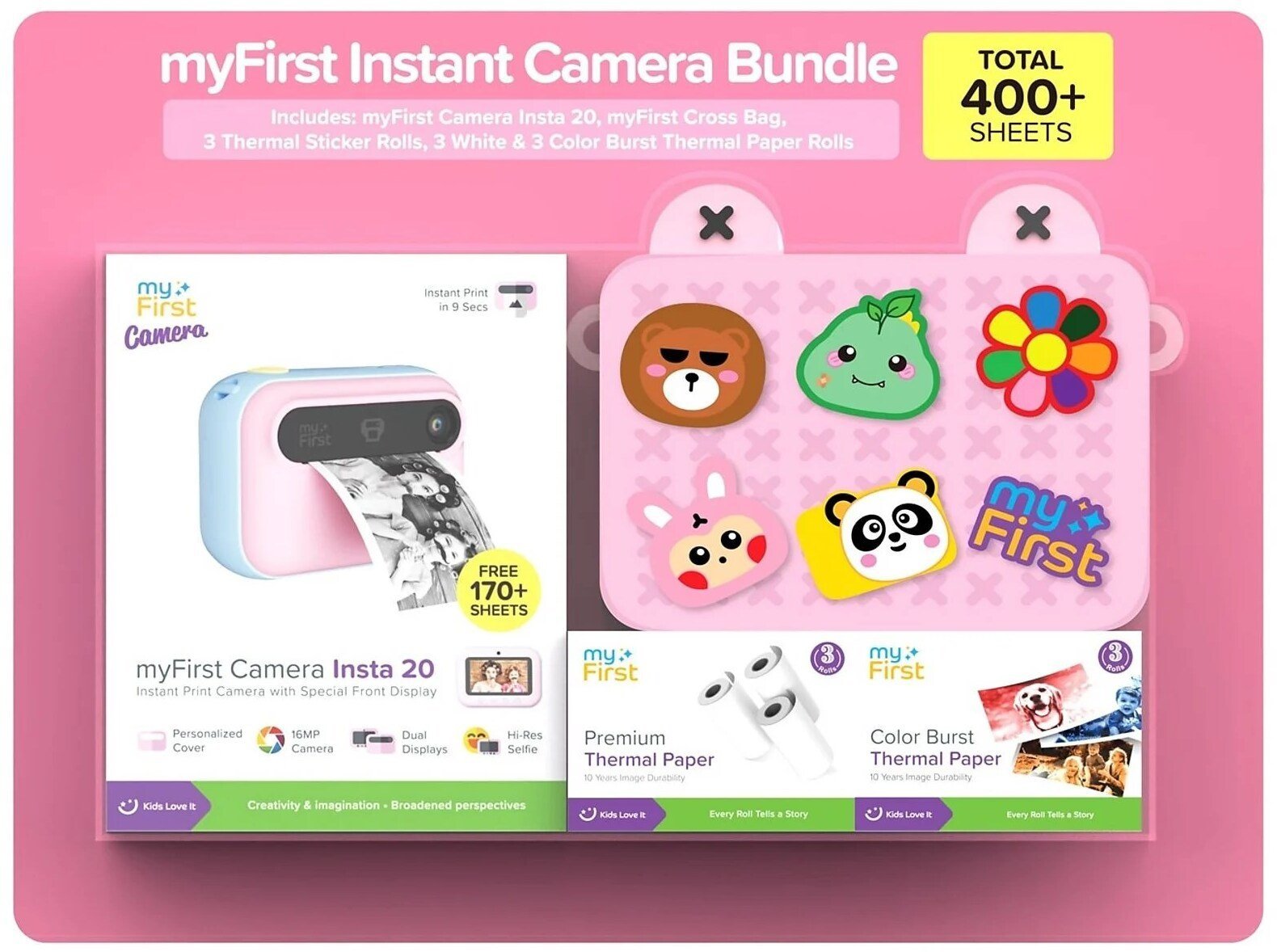 My First myFirst Camera Insta 20 Bundle Set - zestaw dla dzieci z aparatem myFirst Camera Insta 20, torbą myFirst Cross Bag oraz 3 rolkami papieru termicznego: naklejki, białe, kolorowe cotton candy mix