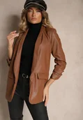 Marynarki i żakiety damskie - Brązowa Marynarka z Imitacji Skóry Niezapinana z Marszczonym Rękawem Libe - miniaturka - grafika 1