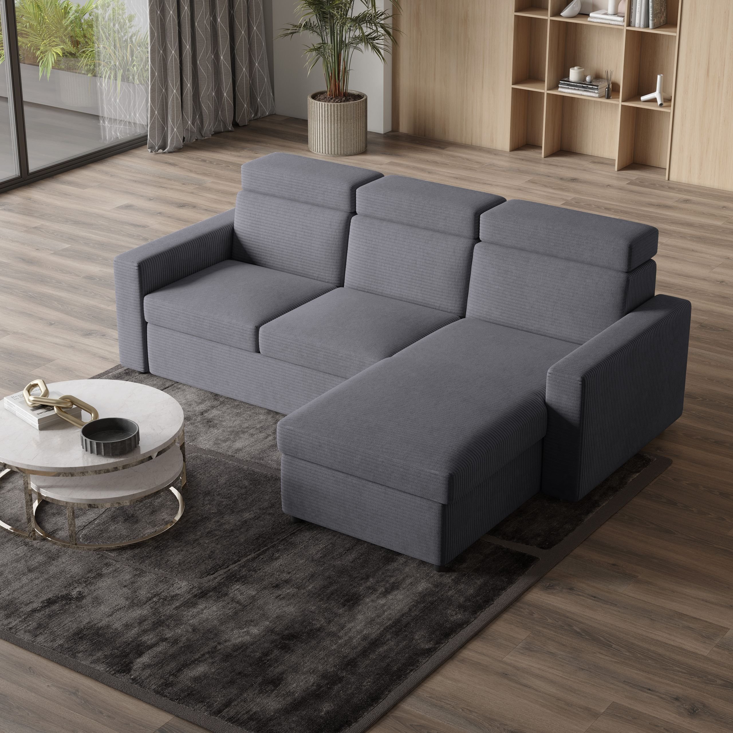 Masseno Narożnik PADWA z funkcją spania i pojemnikiem na pościel Kształt L, Rozkładana sofa, Rogówka - Szary, POSO 60
