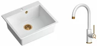 Zlewozmywaki z baterią - Quadron Zlewozmywak granitowy jednokomorowy 57*50*22 cm MORGAN 110 SNOW WHITE z miedzianym odpływem z baterią JODIE Q LINE SLIM SNOW WHITE kolor biały mat/wykończenie miedź - miniaturka - grafika 1