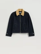 Kurtki damskie - Reserved - Jeansowa kurtka z kontrastowym kołnierzykiem - granatowy - miniaturka - grafika 1