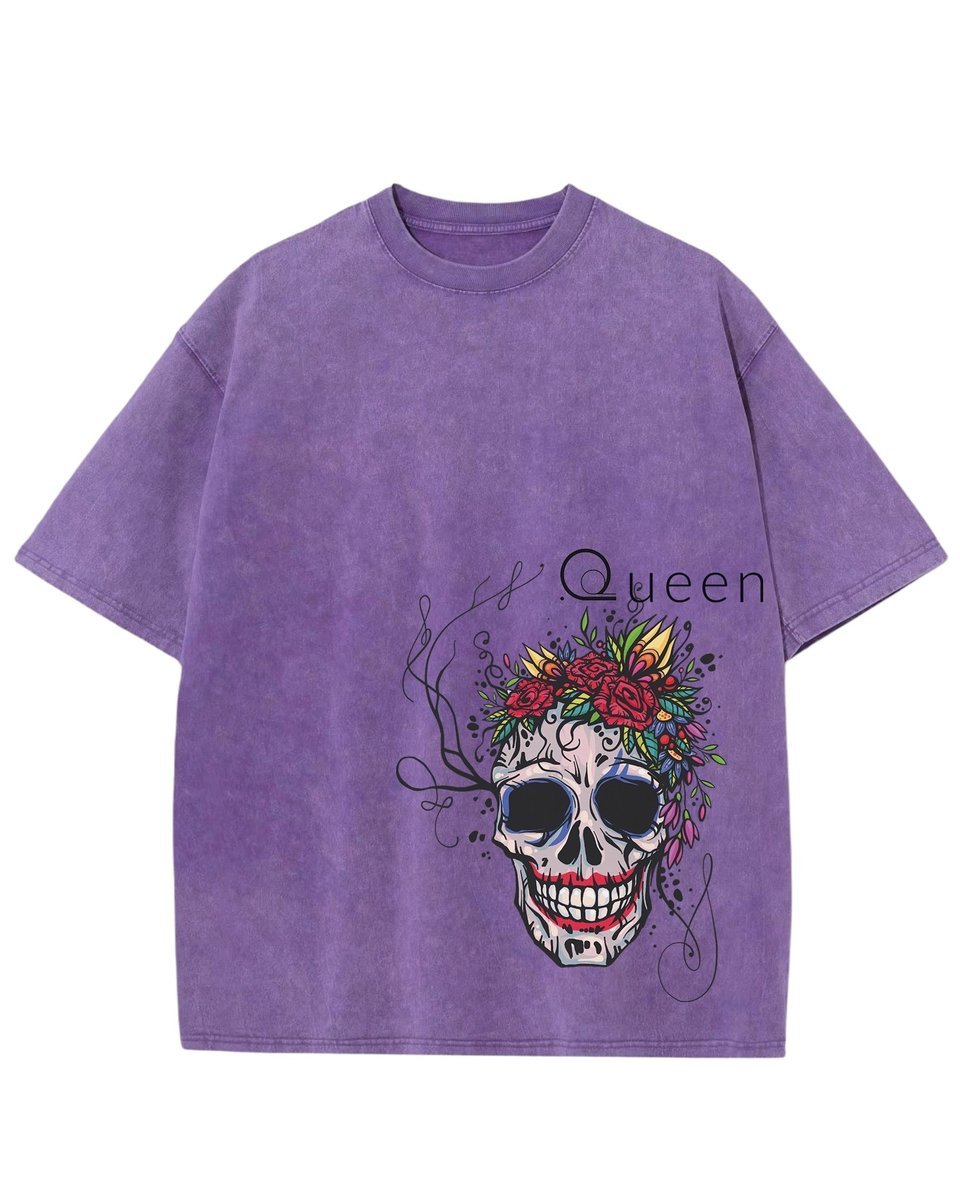 Damska koszulka oversize efekt sprania Czaszka Królowa Kwiat Fioletowa 3XL