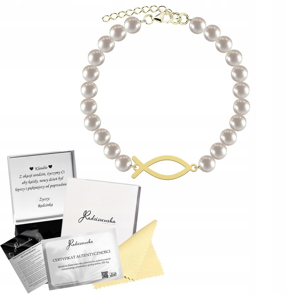 Bransoletka Złota Ryba Ichtys Perły SREBRO 925 Prezent ŻYCZENIA GRATIS