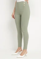 Spodnie damskie - Zielone Dopasowane Spodnie z Bawełną Wysokim Stanem i Guzikami Arrioliana - miniaturka - grafika 1