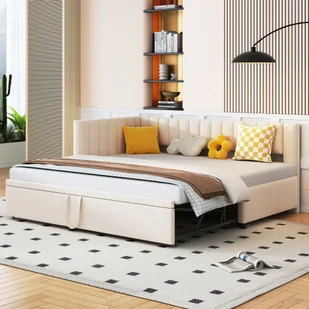 Łóżko tapicerowane Flieks sofa rozkładana 90x200cm z wysuwanym łóżkiem, łóżko drewniane łóżko młodzieżowe łóżko dziecięce sofa rozkładana ze stelażem listwowym, łóżko dzienne funkcjonalne łóżko aksamitne, beżowe - Sofy i kanapy - miniaturka - grafika 1