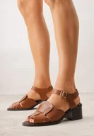 Sandały damskie - Brązowe Sandały na Obcasie Ozdobione Geometryczną Cholewką Salomia - miniaturka - grafika 1