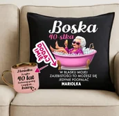 Gadżety dla niej i dla niego - Zestaw prezentowy na 40 urodziny dla kobiety - elegancja poduszka BOSKA 40 z imieniem oraz kubek na 40 urodziny - miniaturka - grafika 1