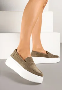 Ciemnobeżowe Skórzane Półbuty Mokasyny na Grubej Podeszwie z Ozdobnym Paskiem Tellavira - Półbuty damskie - miniaturka - grafika 1