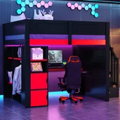Łóżka dla dzieci i młodzieży - Łóżko wysokie 140 x 200 cm z biurkiem, półkami i otwartą szafą - Sklejka - Diody LED i port USB - Czarno-czerwony (Materac nie jest wliczony w cenę) - miniaturka - grafika 1