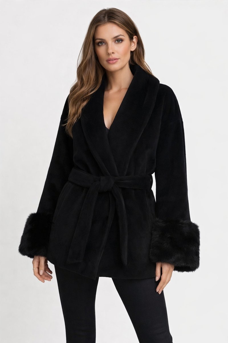 MASSIMO DUTTI CZARNY KRÓTKI PŁASZCZ Z PASKIEM I FUTERKIEM S 1OPA
