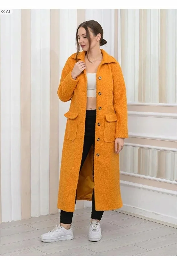 DŁUGI PŁASZCZ BUKLE Z KIESZENIAMI W STYLU ELEGANCKIM 38 5IA