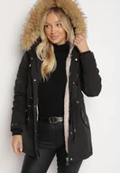 Kurtki damskie - Czarna Zimowa Kurtka Parka z Odpinanym Futerkowym Zdobieniem i Kapturem Sialinnea - miniaturka - grafika 1