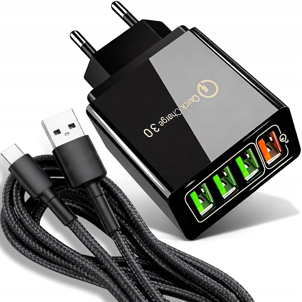 SZYBKA ŁADOWARKA SIECIOWA KOSTKA 4X USB QC 3.0 + MOCNY KABEL USB C