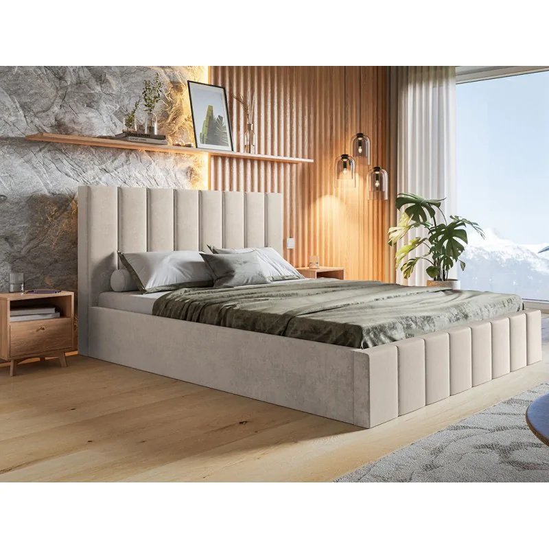 Łóżko tapicerowane SIM 10 z wezgłowiem, 160x200 cm, łóżko podwójne z podstawą łóżka i stelażem z listew drewnianych, tkanina welurowa, kolor: beżowy