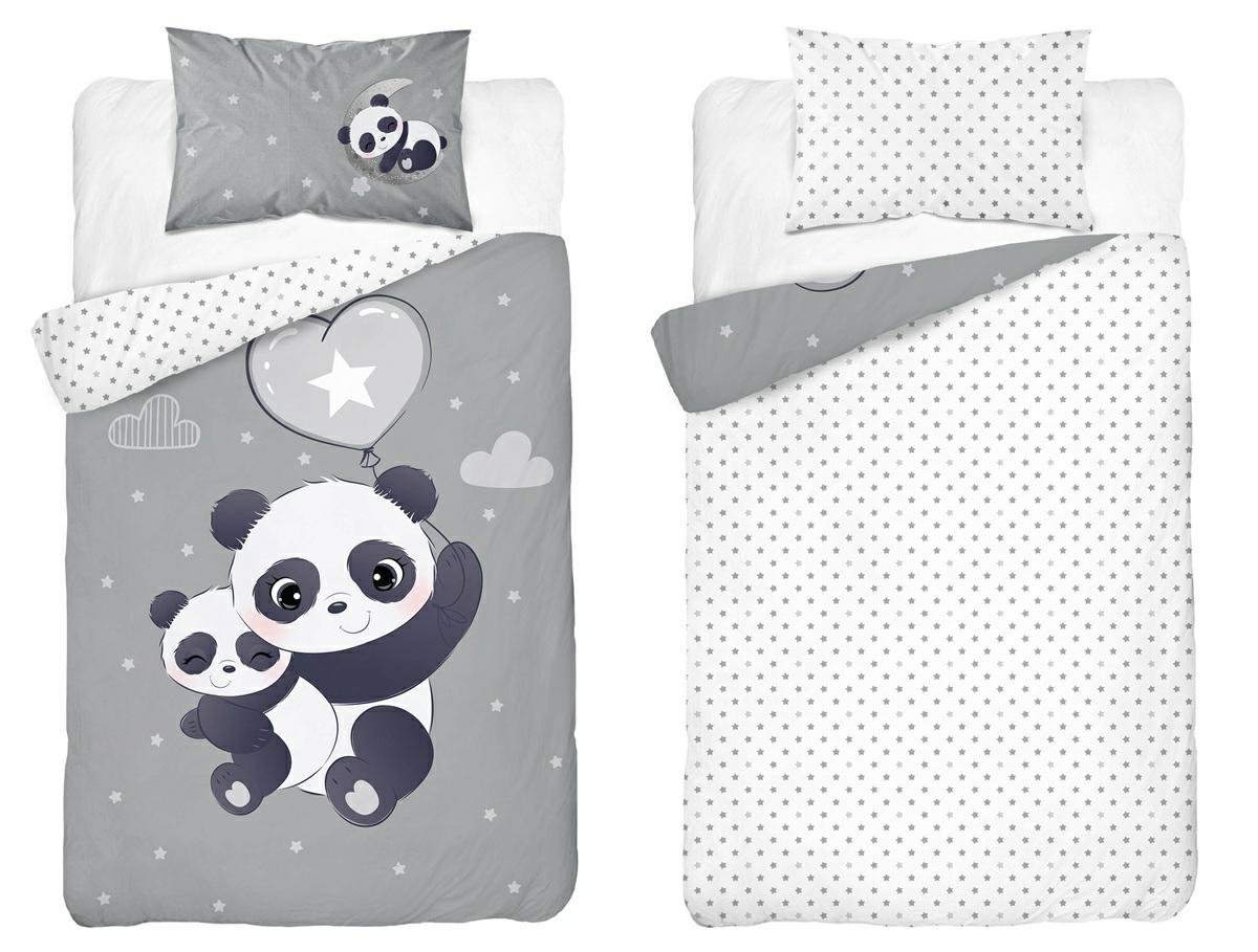 Pościel bambusowa dziecięca 90x120 szara z białymi akcentami i pandami Baby Bamboo
