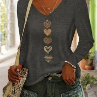 Bluzki damskie - TEMU Bluzka Damska z Długim Rękawem i Dekoltem w Serek – Miękkie Koszulki z Wzorem Serduszek (Złoty/Beżowy/Turkusowy/Brunatny/Czarny/Biały/Szary) – - miniaturka - grafika 1
