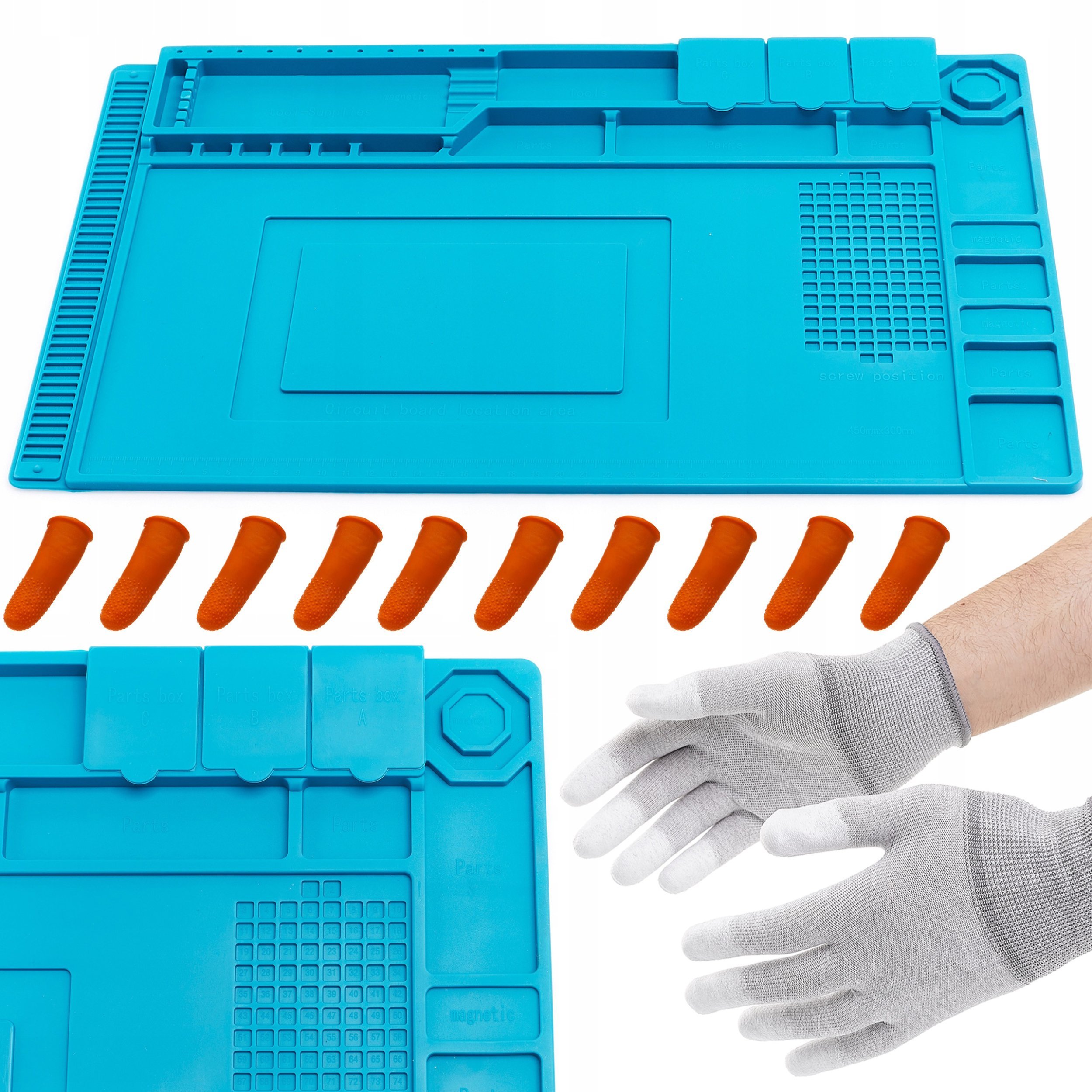 Mata Stołowa Antystatyczna Termoodporna 45x30cm Rękawice Włókno Węglowe + 10 Naparstków Antystatycznych