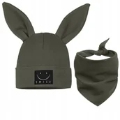 Czapki damskie - Komplet dziecięcy CZAPKA + CHUSTKA ZIELONY 44-48 BAWEŁNA 95% USZY KRÓLIKA - miniaturka - grafika 1