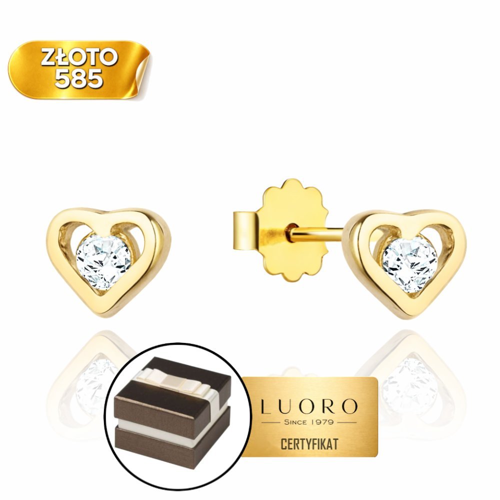 KOLCZYKI ZŁOTE 585 14K SERCA KAMIEŃ SZTYFT 4,5 MM ELEGANCKIE DELIKATNE