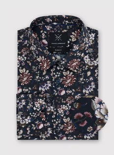 Koszule męskie - Granatowa koszula męska w wyraziste kwiaty - grafika 1