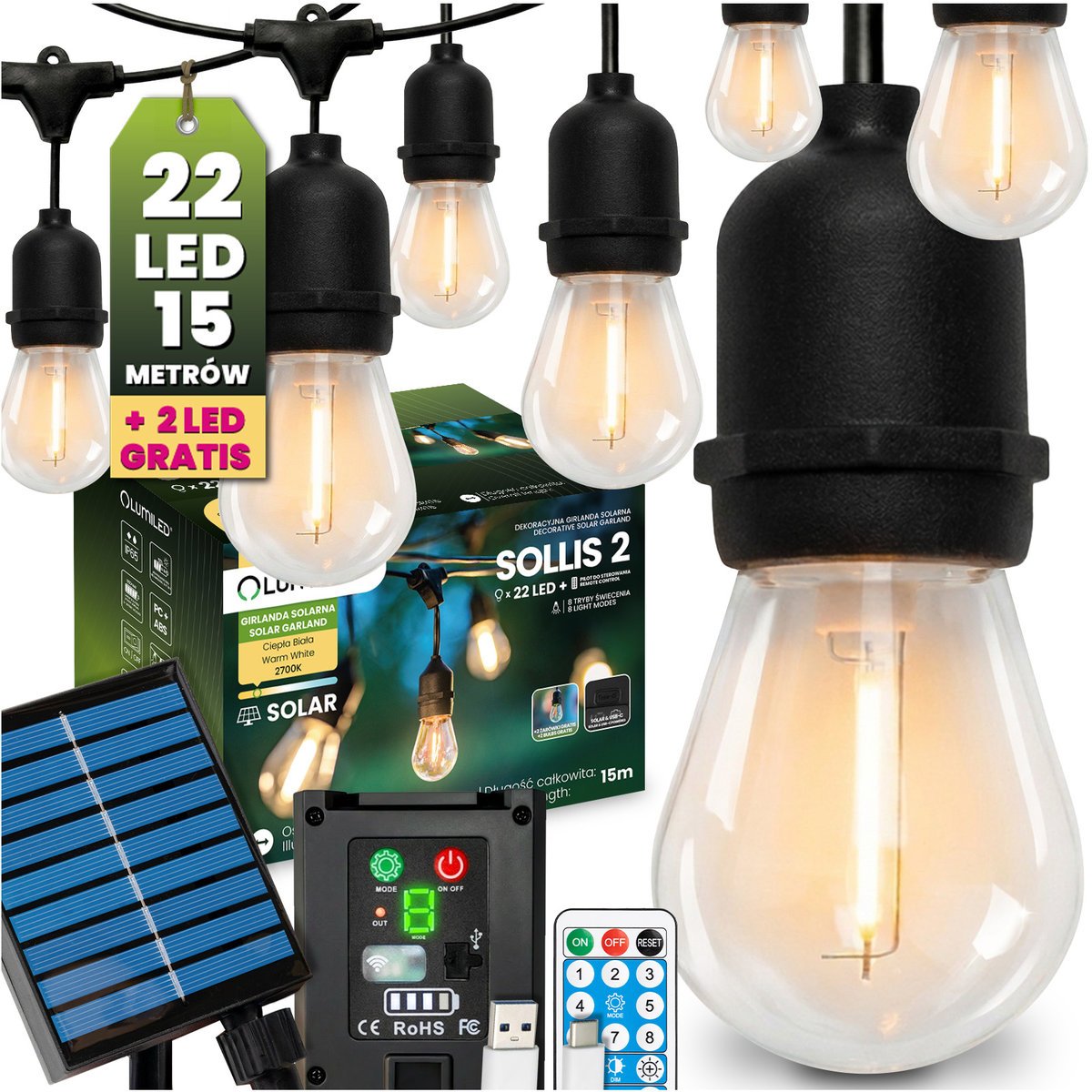 Lumiled Girlanda Solarna Ogrodowa 22x LED Ozdobne Żarówki 15m 2700K Ciepła + PILOT IP65 SOLLIS 2