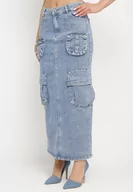 Spódnice - Jasnoniebieska Bawełniana Spódnica Maxi Ołówkowa z Kieszeniami w Stylu Cargo Venille - miniaturka - grafika 1