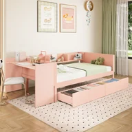 Meble do sypialni - Łóżko wysuwane 90 x 200 cm + 90 x 190 cm - z biurkiem i półką - Sosna i płyta wiórowa - Różowe (bez materaca) - miniaturka - grafika 1