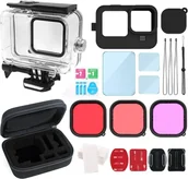 Akcesoria do kamer sportowych - Wodoodporna obudowa do kamery sportowej, wodoodporny zestaw z 2 silikonowymi foliami ochronnymi + 3 utwardzanymi soczewkami + 3 filtrami + 12 płytkami przeciwmgielnymi + zestaw do czyszczenia + etui do przechowywania, kompatybilny z GoPro Hero 12/11/10/9 - miniaturka - grafika 1