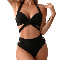 Stroje kąpielowe - DWUCZĘŚCIOWY STRÓJ KĄPIELOWY SEKSOWNE BIKINI WIĄZANY KOBIECY CZARNY M - miniaturka - grafika 1